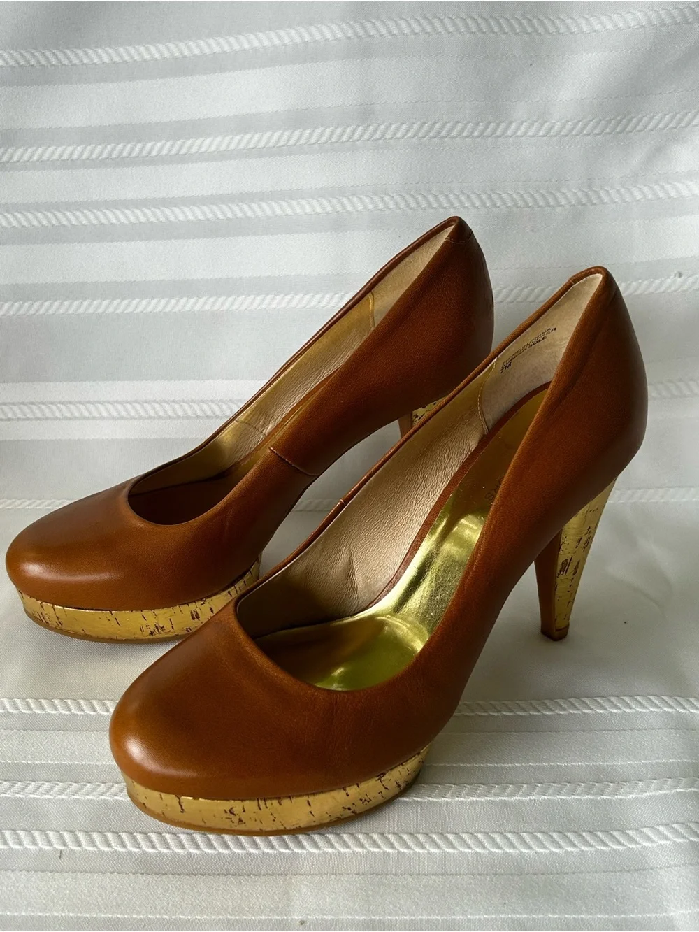 Michael Kors Womens 7 Brown Nappa Leather High Heel Pumps Gold Accents In Box